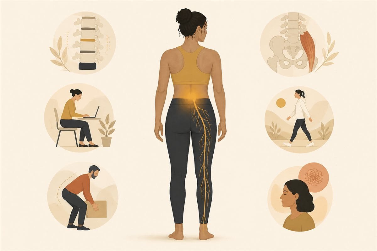 Ilustraci&oacute;n educativa sobre dolor lumbar y recorrido del nervio ci&aacute;tico